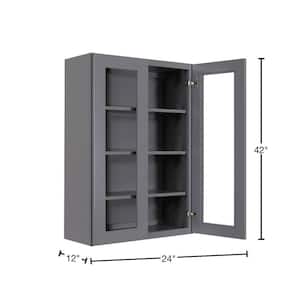 Lancaster Gray Plywood Shaker Stock Assembled Wall Glass Door Kitchen Cabinet 24 in. W x 42 in. H x 12 in. D