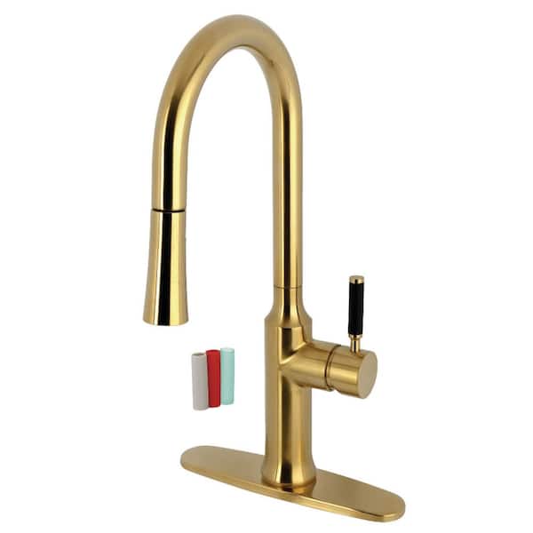 Kaiser 1-Handle Deck Mount Pull-Down Sprayer Kitchen Faucet in Brushed Brass