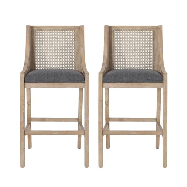 Noble House Lochmere 30 in. Charcoal and Natural Upholstered Rubberwood Bar Stool (Set of 2)