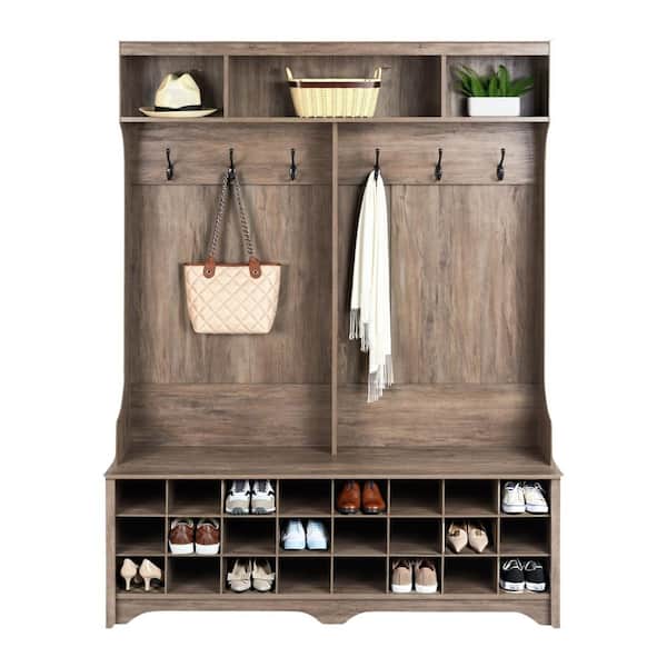 Prepac 77 in. H x 60 in. W Gray Engineered Wood Shoe Storage Cabinet with 24-Shoe Cubbies and 6-Double Coat Hooks