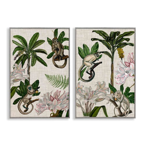 Stupell Industries Tropical Trees and Monkeys by Naomi McCavitt 2 Pieces Gray Framed Nature Giclee Art Print 18 in. x 12 in.