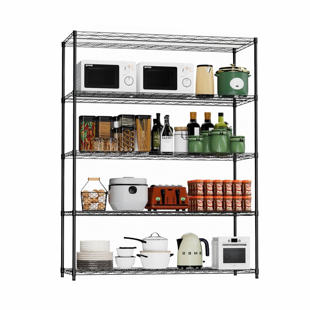 Heavy-Duty 5-Shelf Black Adjustable Rack with Adjustable Feet and Mobile Wh