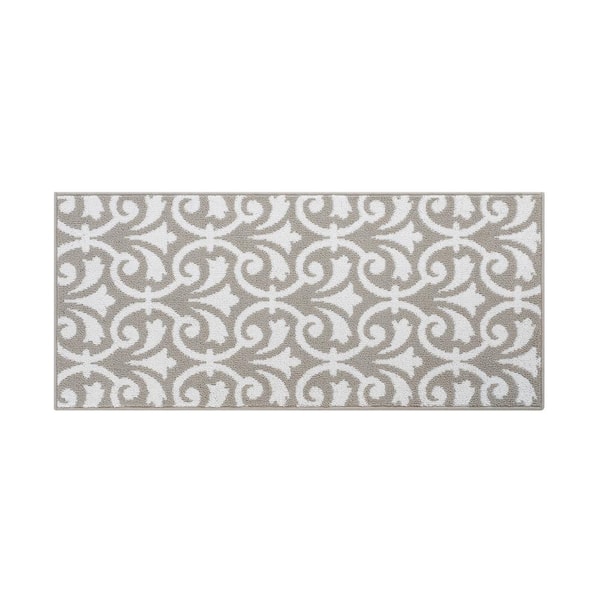 Jean Pierre Washable Non-Skid Light Grey and White 26 in. x 45 in. Medallion Accent Rug