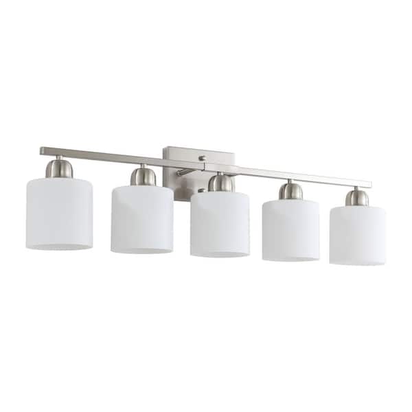 5-Light Chrome Vanity Light with Cylindrical Milky White Glass Shades and Iron Frame, E26 Bulbs Not Included