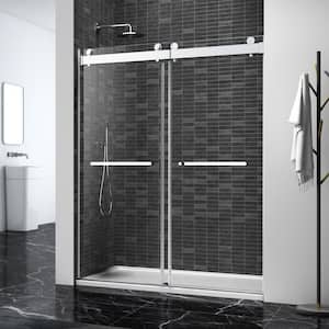 60 in. W x 76 in. H Frameless Sliding Tub Door in Brushed Nickel with 10 mm Clear Glass, Towel Bar and Exposed Rollers