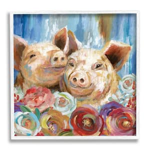 Contemporary Farm Pig Couple Soft Petal Florals By Nan Framed Print Animal Texturized Art 12 in. x 12 in.