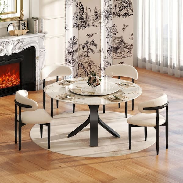 Magic Home Modern 59.0 in. Pandora Rotable Lazy Susan Round Sintered Stone Tabletop with Black Pedestal Base Dining Table (Seats-8)