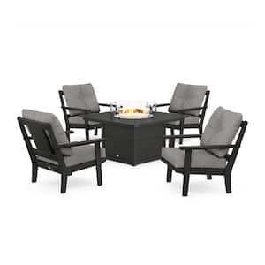 Prairie 5-Pieces Plastic Patio Fire Pit Deep Seating Set in Black with Grey Mist Cushions