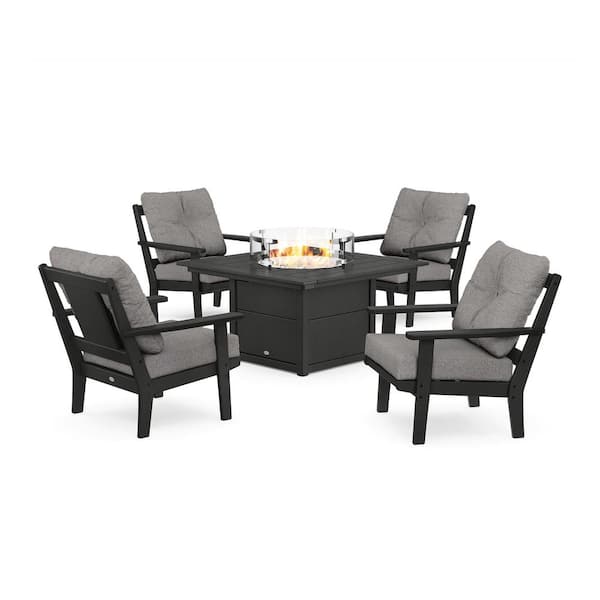 POLYWOOD Prairie 5-Pieces Plastic Patio Fire Pit Deep Seating Set in Black with Grey Mist Cushions