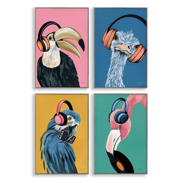 Stupell Industries Musical Tropical Birds by Yvette St. Amant 4-Pieces Gray Framed Animal Giclee Art Print 18 in. x 12 in.