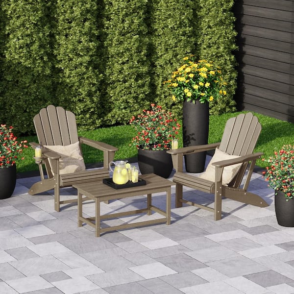 WESTIN OUTDOOR Aderson Weathered Wood 3-Piece All Weather Outdoor Patio Plastic Adirondack Chairs Conversation Set with Coffee Table