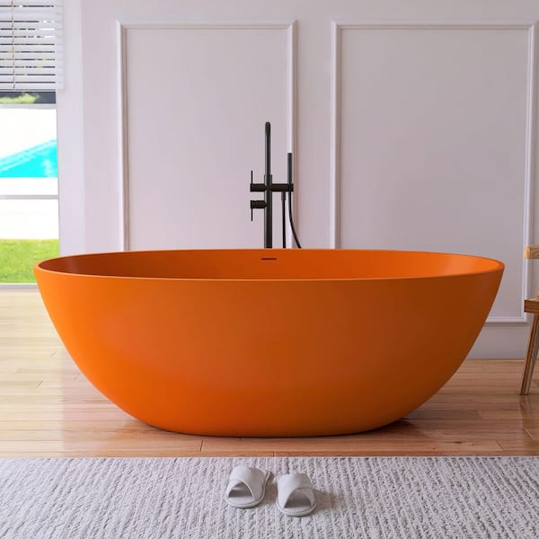MEDUNJESS Eaton 65 in. x 30 in. Stone Resin Solid Surface Flatbottom Freestanding Soaking Bathtub in Orange