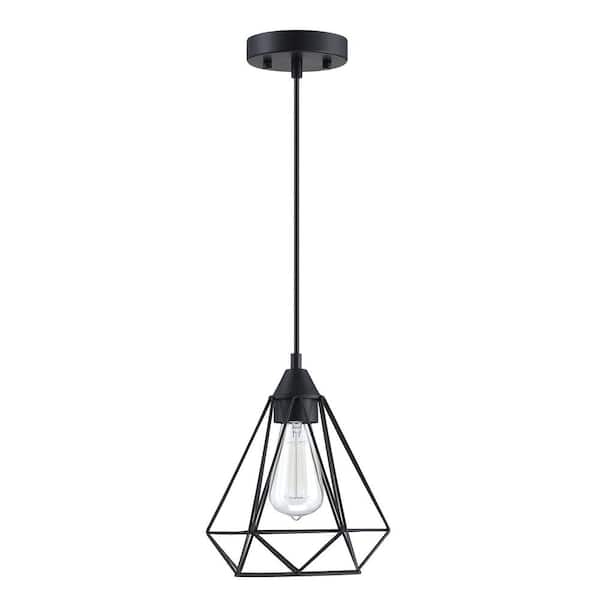 PUDO Industrial 1-Light Black Geometric Chandelier with Metal Cage Shade