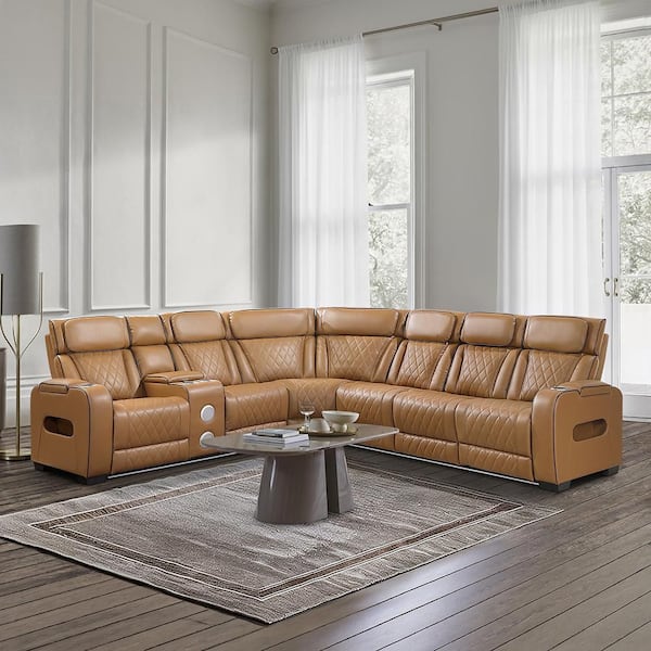 Clumber 128 in. Pillow Top Arm Faux Leather 3-Piece Power Reclining Sectional Sofa with Left Side Console in Brown