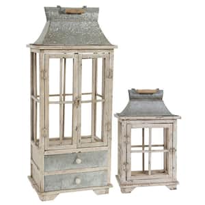 Evelyn Silver, White Enclosed Lantern Set with Handle and Drawers (2-Pack)
