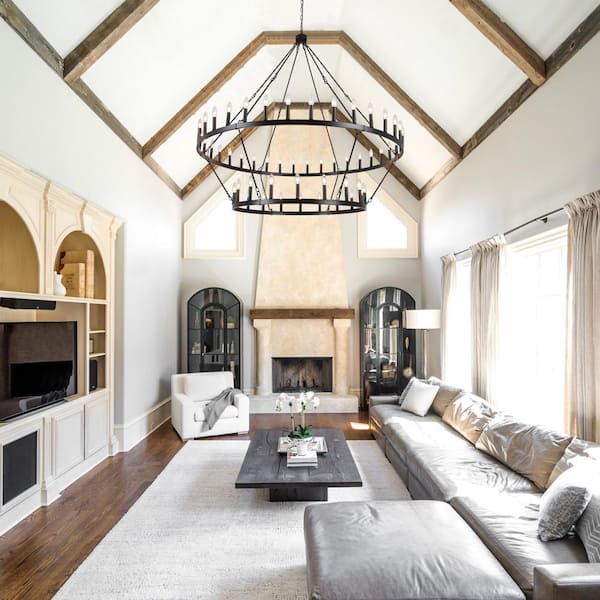 54-Light Black Candle Design Circle Wagon Wheel Chandelier 2-Tier Farmhouse Chandelier for Dining Room