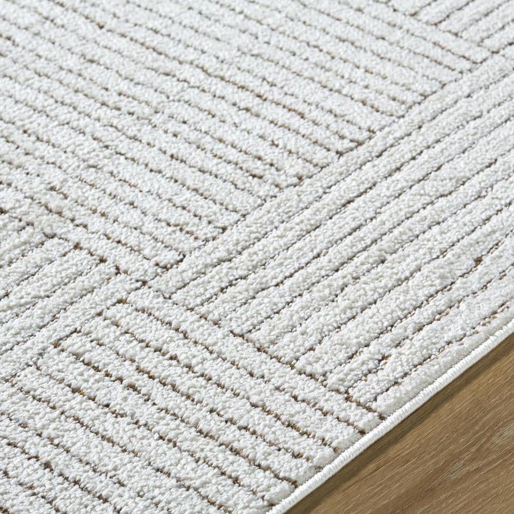 Ivory and Brown Geometric Synthetic Area Rug, 6'7" x 9'