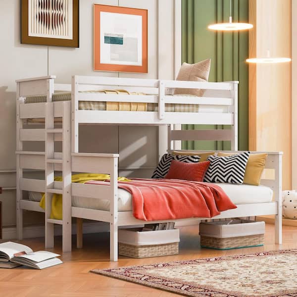 Polibi White Wood Twin XL Over Queen Bunk Bed with Ladder