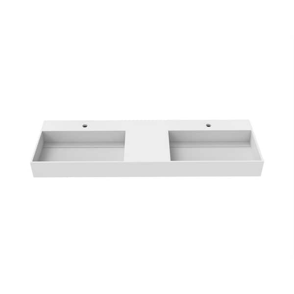 castellousa Juniper 60 in. Wall Mount Solid Surface Double-Basin Rectangle Bathroom Sink in Matte White