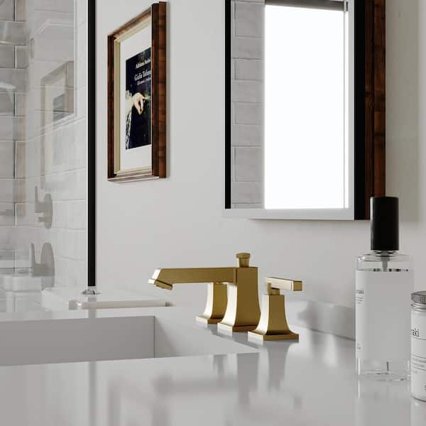 8 in. Widespread Double Handle Low Arc Bathroom Faucet with Drain Kit, Easy to Install, Drip Free in Brushed Gold