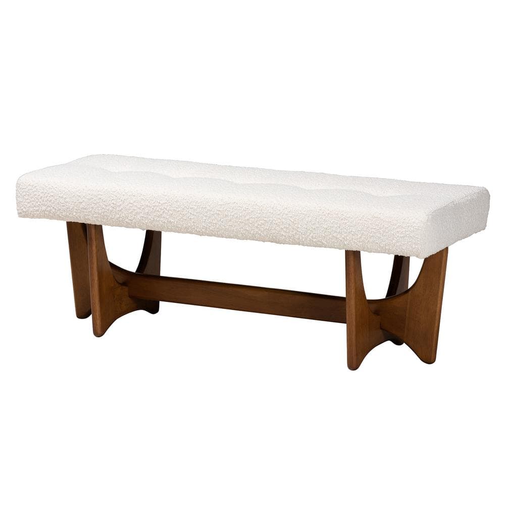 Cream Boucle Fabric and Walnut Wood Bench with Button-Tufted Seat