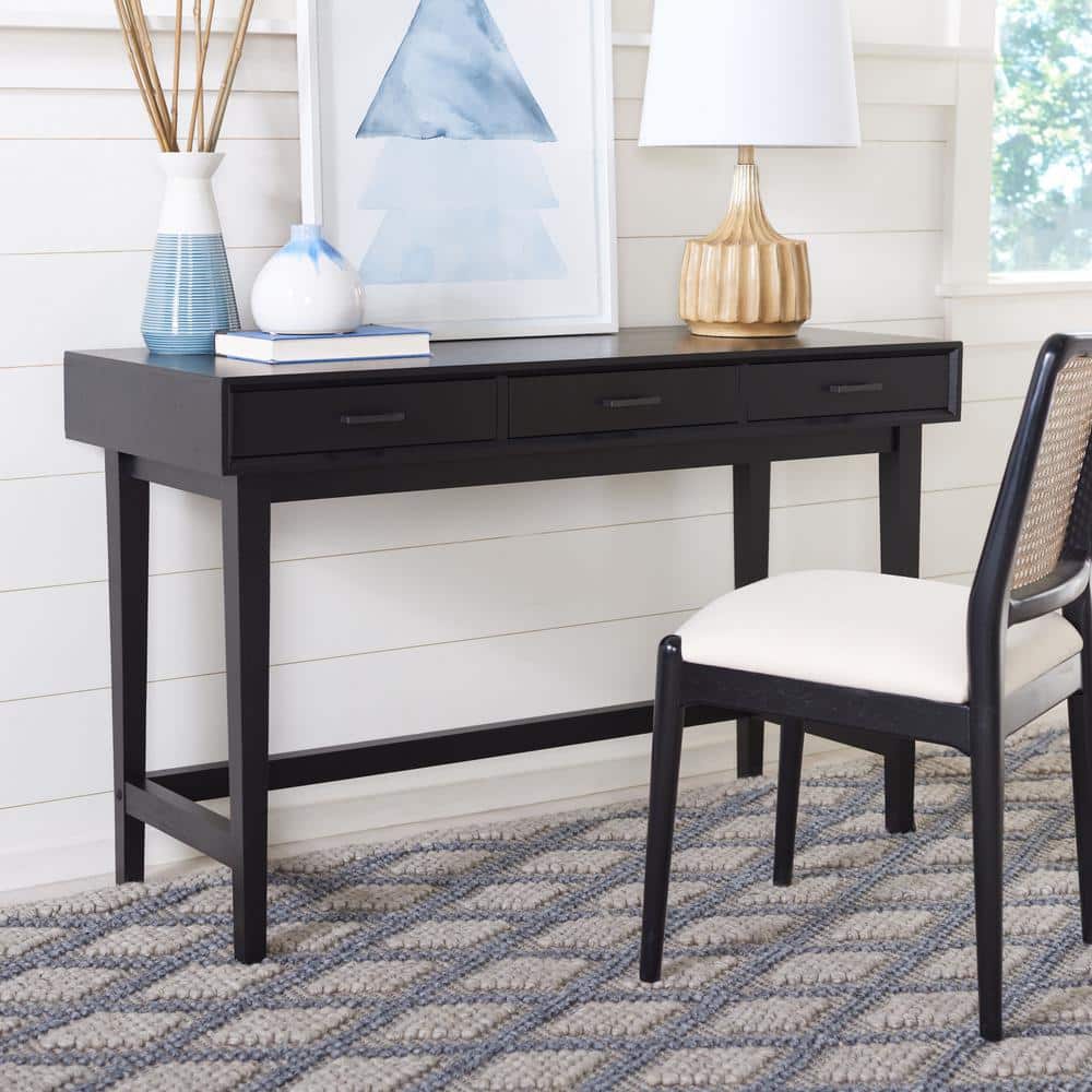 Black Mid-Century Modern Wood Desk with 3 Drawers