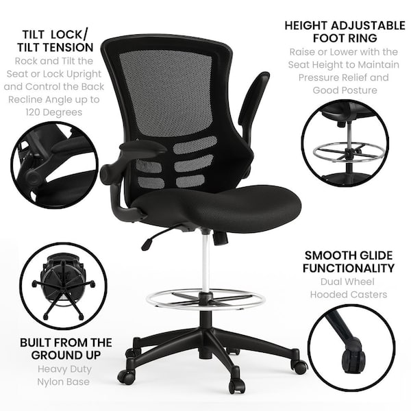 Black Kelista Mid-Back Swivel Office Chair with Flip-Up Armrests and Foot Ring, Ergonomic Padded Mesh Desk Chair