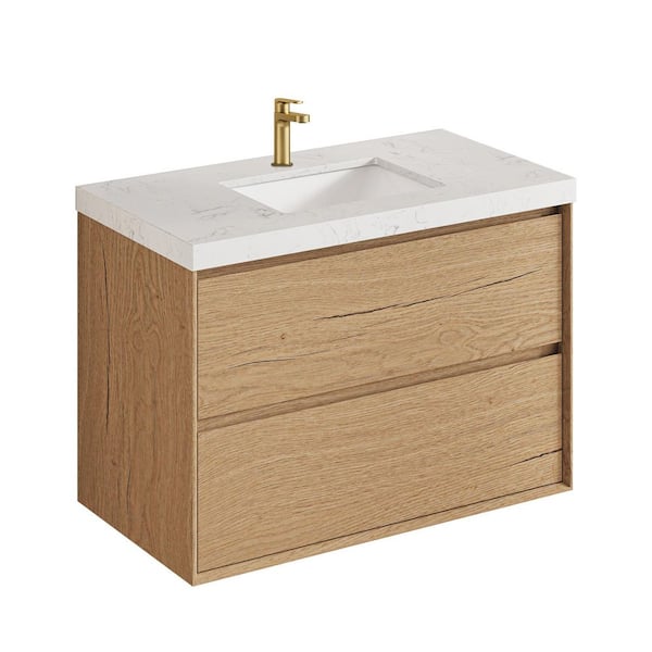 Aeroline 36in. W x 19.29in. D x 25.59in. H Single Sink Float Natural Oak Bath Vanity with Sar White Engineered Stone Top