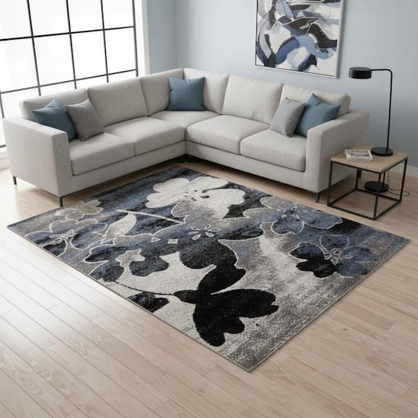 Black 8 ft. x 11 ft. Woven Floral Rectangle Indoor Area Rug