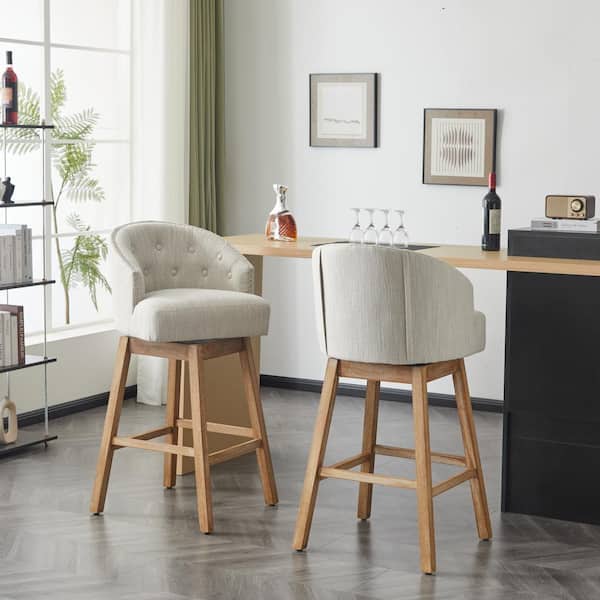 33.25 in. Beige Fabric Upholstered and Rubberwood Swivel Barstool, Natural, (Set of 2)