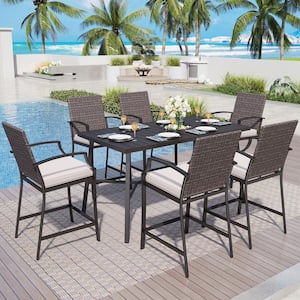 7-Piece Wicker Rectangle Bar Height Outdoor Dining Set with Beige Cushions