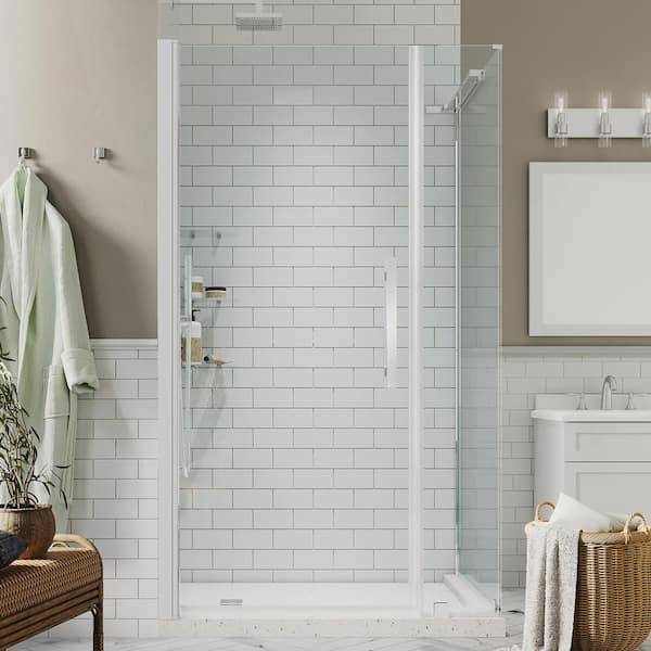 OVE Decors Pasadena 40-1/8 in. W x 72 in. H Rectangular Pivot Frameless Corner Shower Enclosure in Chrome with Shelves
