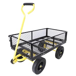 Metal Wagon Cart with 10" Pneumatic Tire and Handle, Utility Dump Outdoor Serving Cart for Lawn Garden Farm in Black