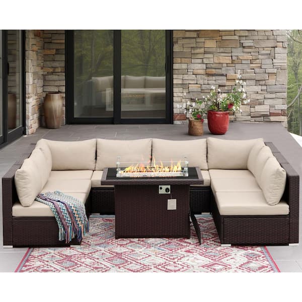 FINCATI 9 Pieces Large Size Espresso Wicker Patio Conversation Deep Seating Sectional Sofa Set with Fire Pit and Beige Cushions