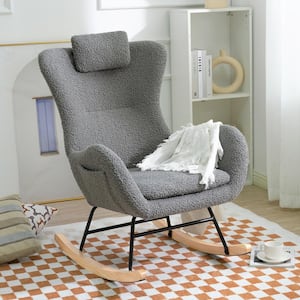 Gray Polyester Rocking Chair with Side Pocket and Adjustable Headrest, Accent Chair for Living Room and Bedroom