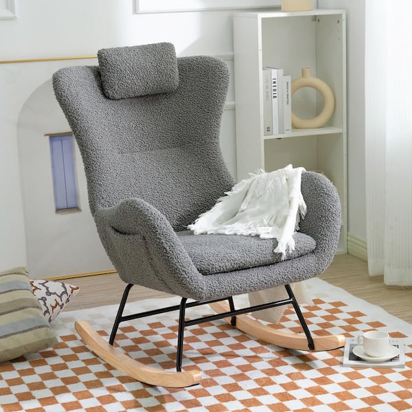 Harper & Bright Designs Gray Polyester Rocking Chair with Side Pocket and Adjustable Headrest, Accent Chair for Living Room and Bedroom