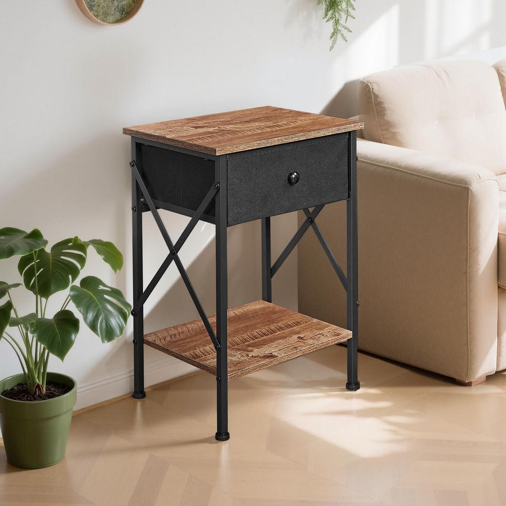 Rustic Nightstand with Drawer, Compact Bedside Table with Storage Shelf for Bedroom, Industrial End Table Brown Style 2 price history on PriceWatchPro