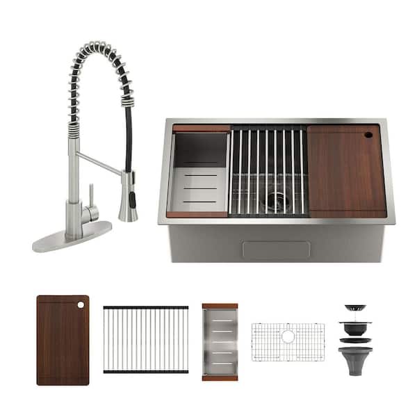 36 in. Undermount Single Bowl 18-Gauge Brushed Stainless Steel Kitchen Sink with Infrared Sensor Faucet and Accessories