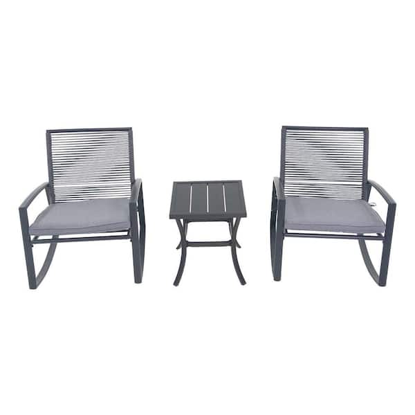 3-Piece Metal Outdoor Bistro Set with Gray Cushion, Patio Bistro Conversation Set, Rocking Chair Bistro Set for Backyard