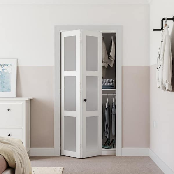 30 in. x 78 in. 3-Lite Frosted Glass Solid Core White Finished MDF Closet Bi-Fold Door with Hardware Kit