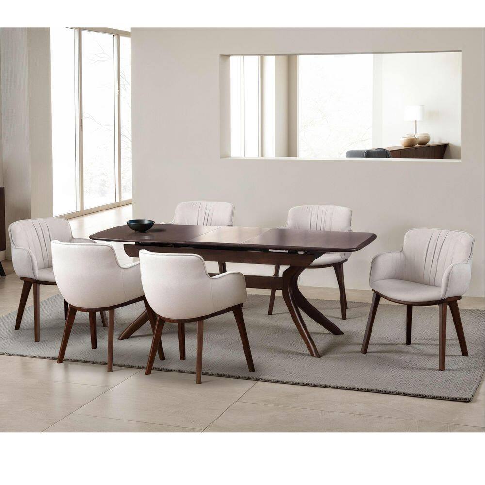 Shayna 7-Piece Rectangle Rich Walnut/Taupe Wood Top Dining Room Set with Self Storing Drop Leaf (Seats 6)