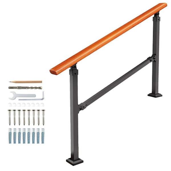 Afoxsos 4 Step Handrails Metal Indoor Outdoor Stairs Railing Wood Grain Design with Installation Kit for 1 to 4 Steps