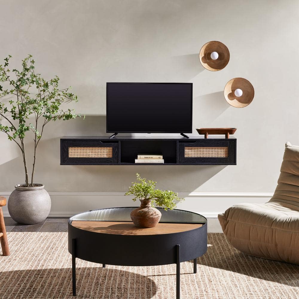 58 in. Black Wood Modern Floating TV Stand with 2 Faux Rattan Doors Fits TVs up to 65 in -  Welwick Designs, HD9717