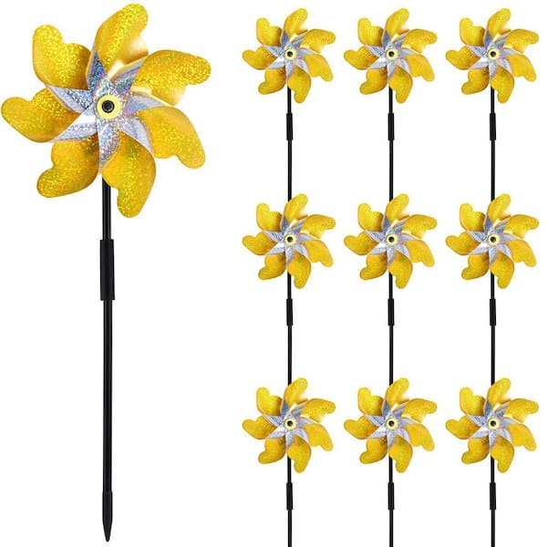 10 Pack Reflective Pinwheels with Stakes, 19.7 in. Pre-Assembled Sparkle Pin Wheel for Scare Birds, Gold