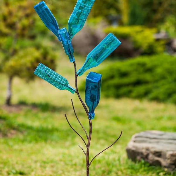 Blue Glass Bottles Garden Statue, Set of 5