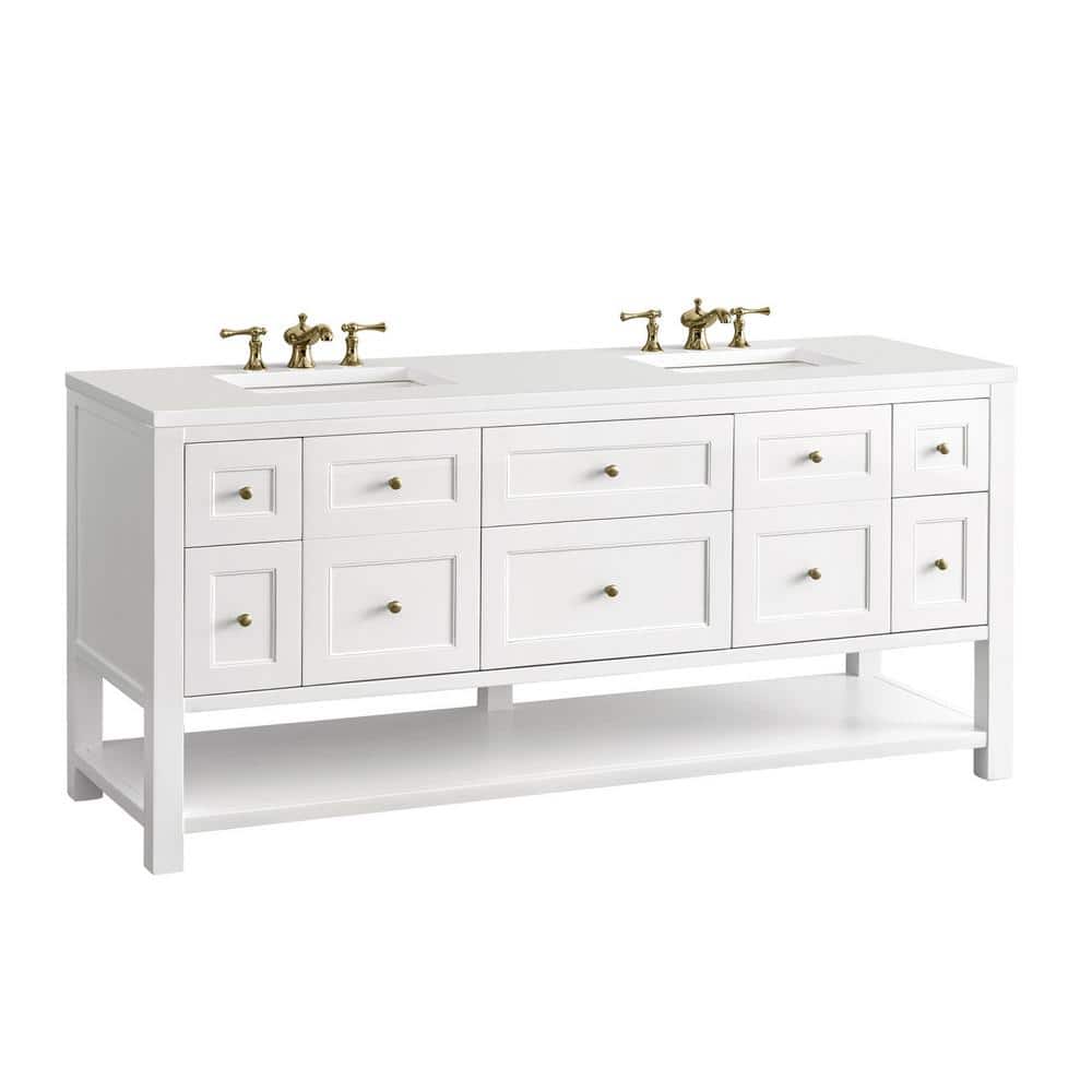 Bright White Solid Wood Double Vanity with Brass Knobs