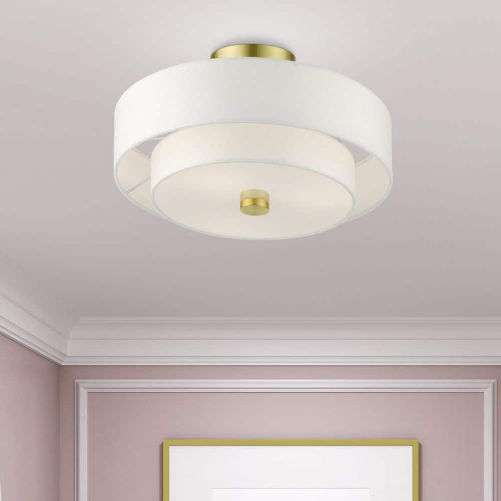 Satin Brass Modern 3-Light Semi-Flush Drum Light with Off-White Shade