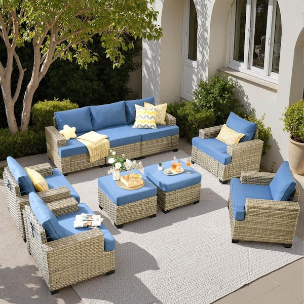 XIZZI Repose 9-Pieces Wicker Outdoor Patio Conversation Seating Set with Diamond Blue Cushions