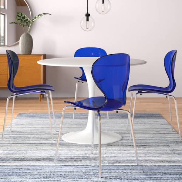 Leisuremod Bristol 5-Piece Dining Set Round White 35 in. MDF Top Dining Table and 4 Stackable Dining Side Chair with in Blue