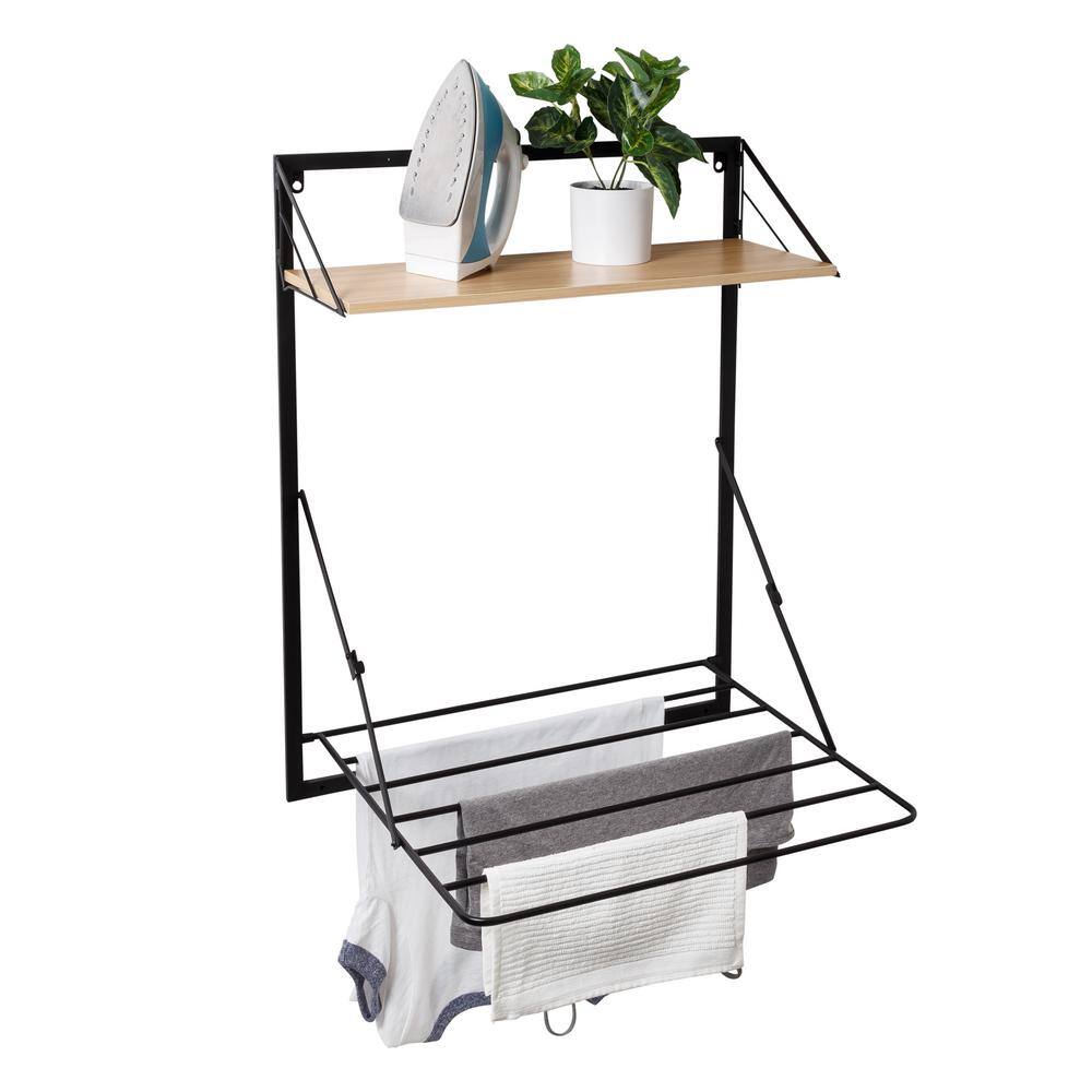 Black and Maple Wall-Mounted Folding Drying Rack with Shelf